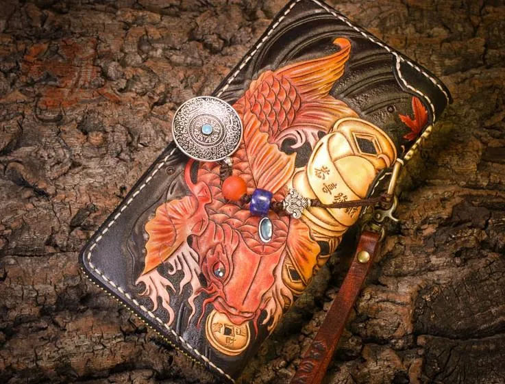Handmade Leather Carp Mens Chain Biker Wallet Cool Leather Long Wallet for Men