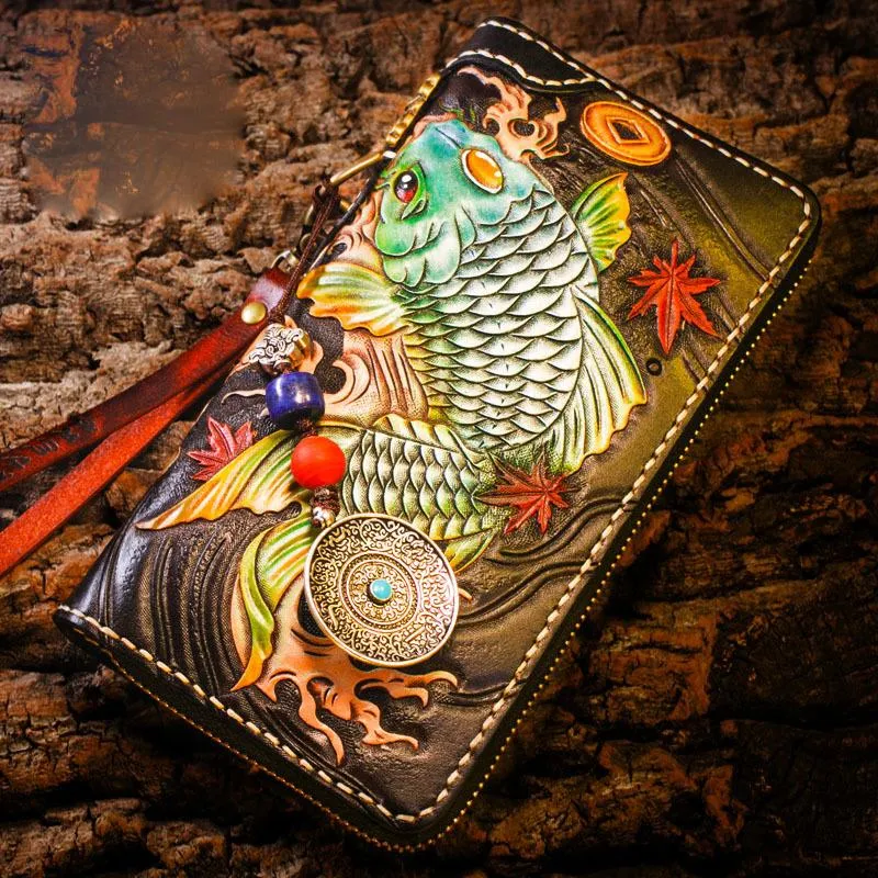 Handmade Leather Carp Mens Chain Biker Wallet Cool Leather Long Wallet for Men