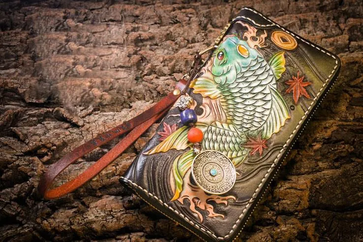 Handmade Leather Carp Mens Chain Biker Wallet Cool Leather Long Wallet for Men