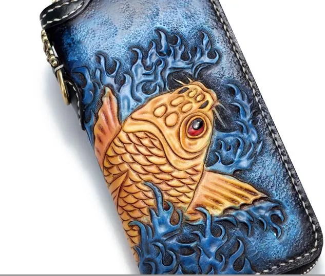 Handmade Leather Carp Mens Chain Biker Wallet Cool Leather Long Wallet for Men