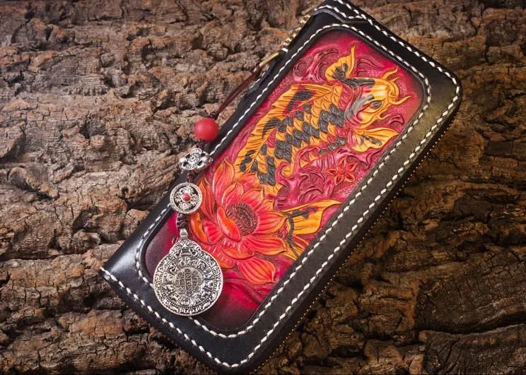 Handmade Leather Carp Mens Chain Biker Wallet Cool Leather Wallet Long Phone Wallets for Men