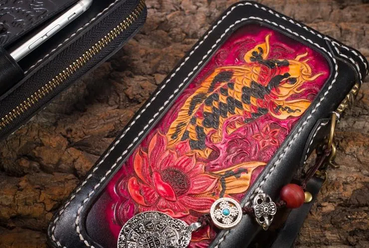 Handmade Leather Carp Mens Chain Biker Wallet Cool Leather Wallet Long Phone Wallets for Men