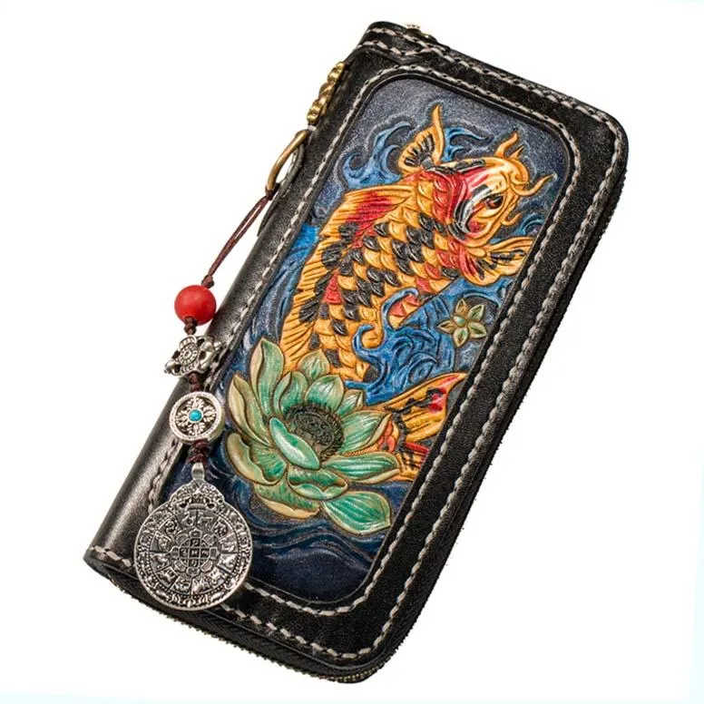 Handmade Leather Carp Mens Chain Biker Wallet Cool Leather Wallet Long Phone Wallets for Men