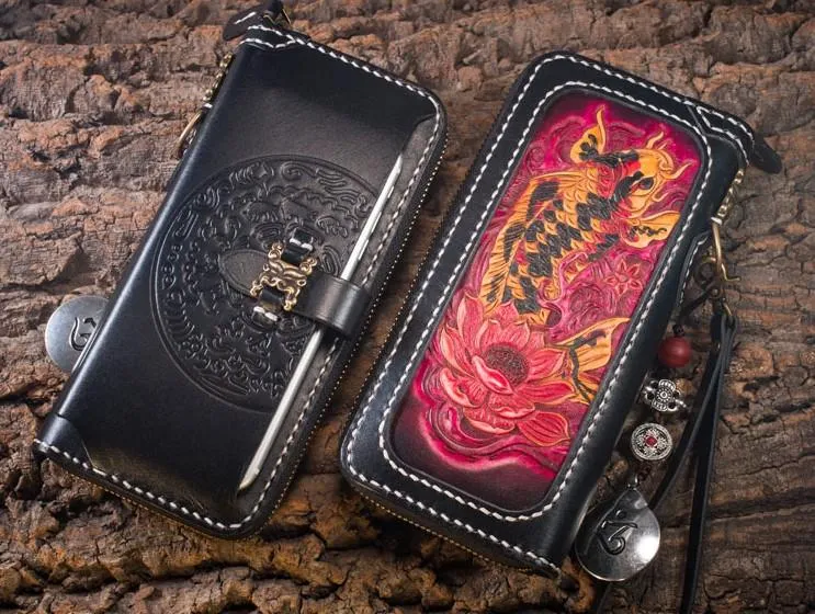 Handmade Leather Carp Mens Chain Biker Wallet Cool Leather Wallet Long Phone Wallets for Men