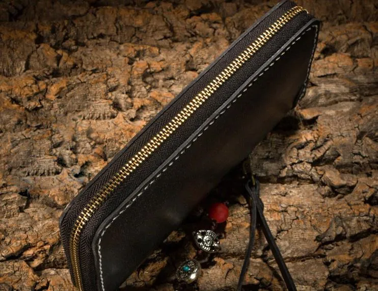 Handmade Leather Carp Mens Chain Biker Wallet Cool Leather Wallet Long Phone Wallets for Men