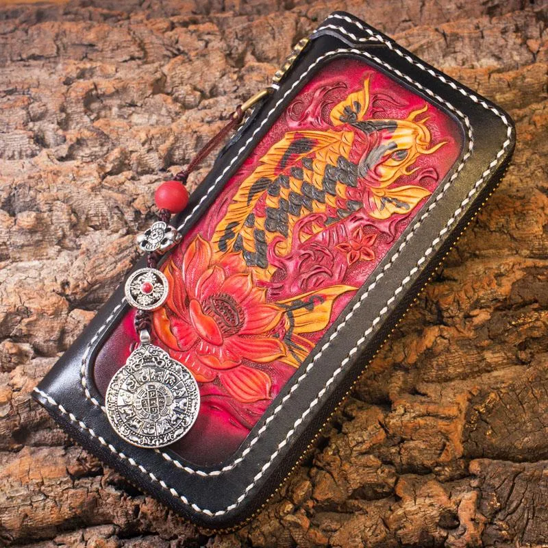 Handmade Leather Carp Mens Chain Biker Wallet Cool Leather Wallet Long Phone Wallets for Men