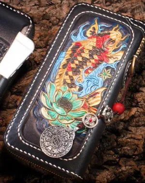 Handmade Leather Carp Mens Chain Biker Wallet Cool Leather Wallet Long Phone Wallets for Men