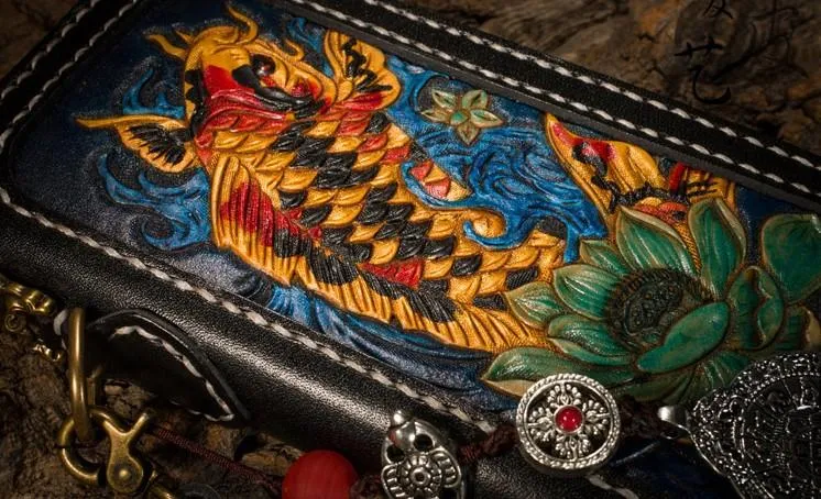Handmade Leather Carp Mens Chain Biker Wallet Cool Leather Wallet Long Phone Wallets for Men