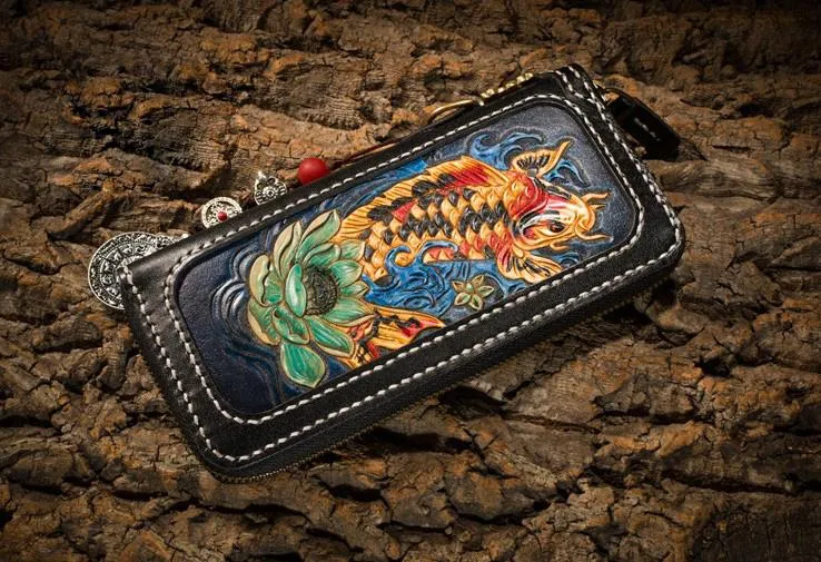 Handmade Leather Carp Mens Chain Biker Wallet Cool Leather Wallet Long Phone Wallets for Men