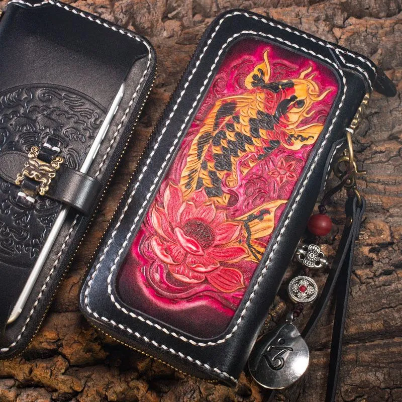 Handmade Leather Carp Mens Chain Biker Wallet Cool Leather Wallet Long Phone Wallets for Men