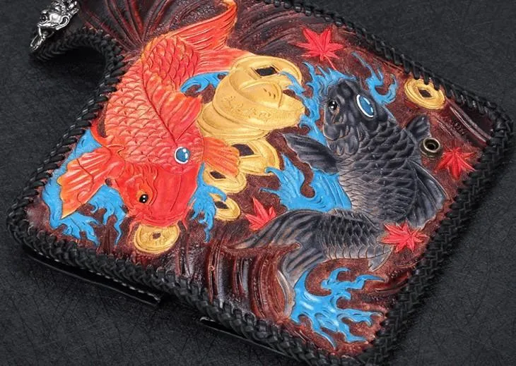 Handmade Leather Carp Mens Chain Biker Wallet Cool Leather Wallet With Chain Wallets for Men