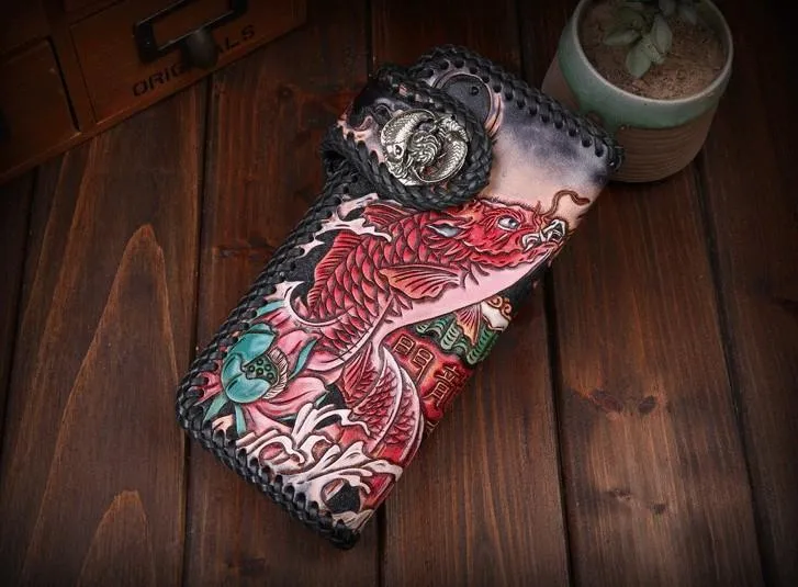 Handmade Leather Carp Mens Chain Biker Wallet Cool Leather Wallet With Chain Wallets for Men