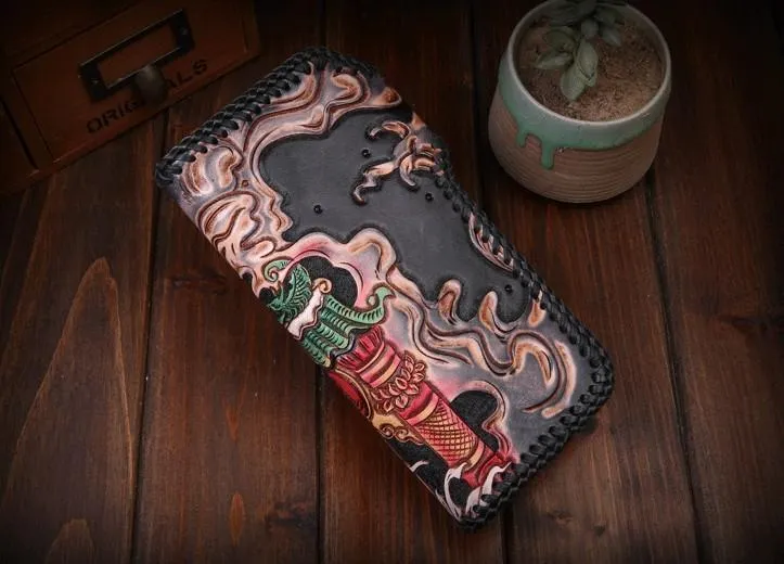 Handmade Leather Carp Mens Chain Biker Wallet Cool Leather Wallet With Chain Wallets for Men