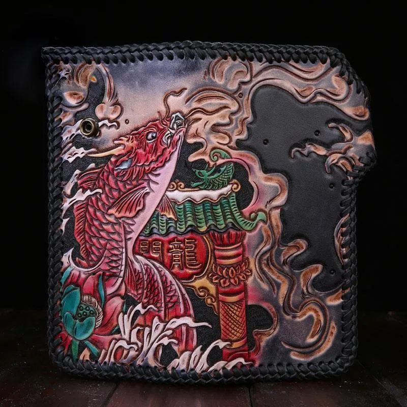 Handmade Leather Carp Mens Chain Biker Wallet Cool Leather Wallet With Chain Wallets for Men