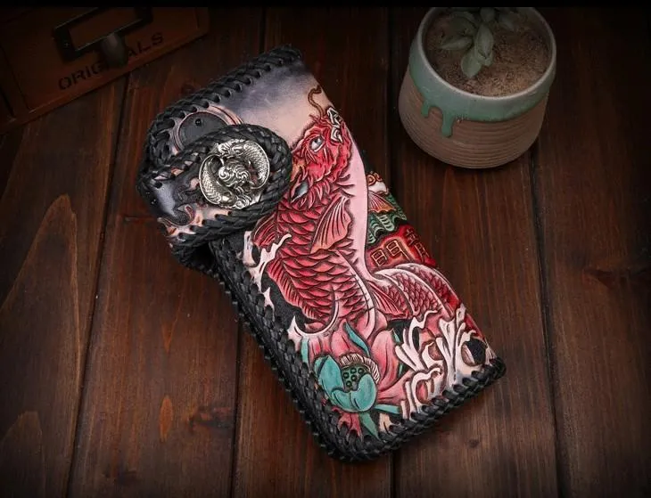Handmade Leather Carp Mens Chain Biker Wallet Cool Leather Wallet With Chain Wallets for Men