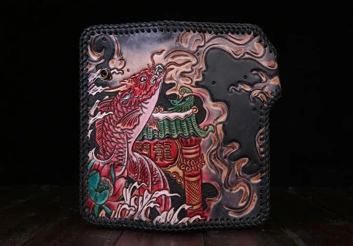 Handmade Leather Carp Mens Chain Biker Wallet Cool Leather Wallet With Chain Wallets for Men