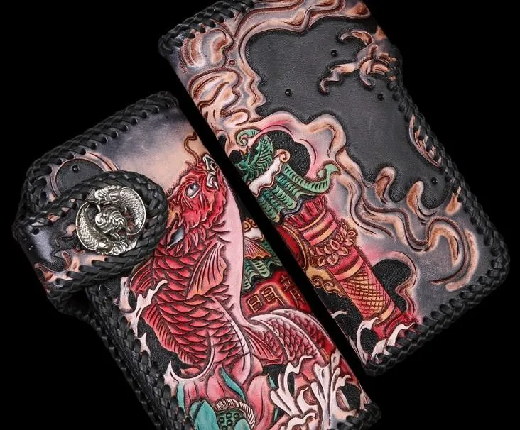 Handmade Leather Carp Mens Chain Biker Wallet Cool Leather Wallet With Chain Wallets for Men