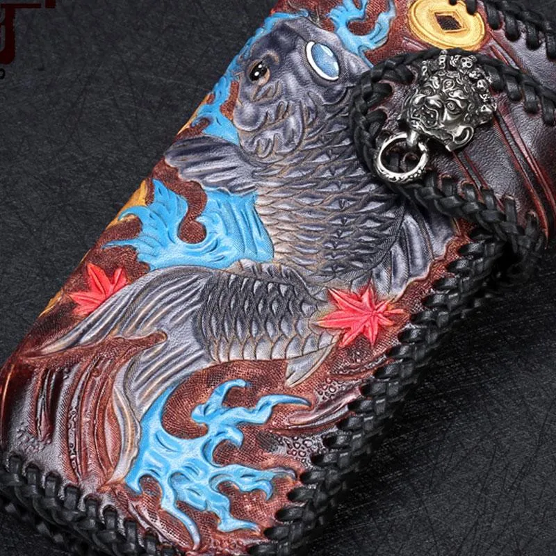 Handmade Leather Carp Mens Chain Biker Wallet Cool Leather Wallet With Chain Wallets for Men