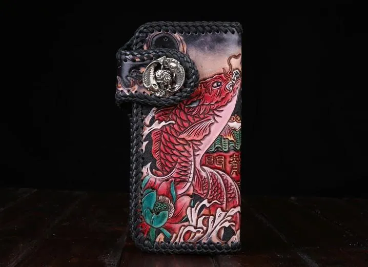 Handmade Leather Carp Mens Chain Biker Wallet Cool Leather Wallet With Chain Wallets for Men