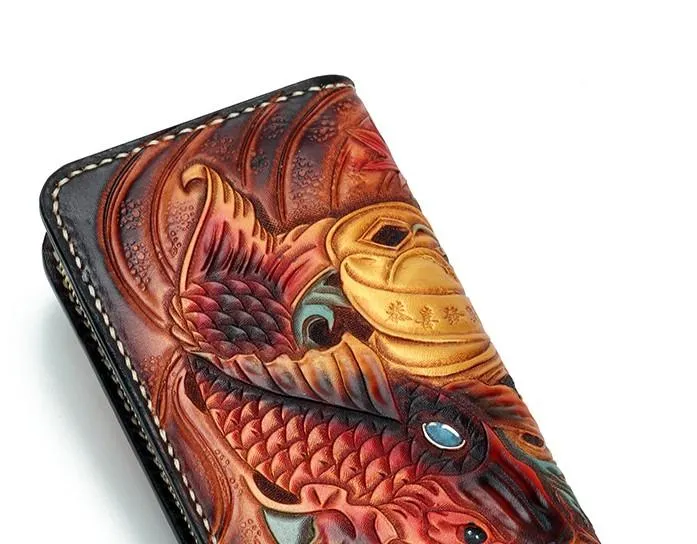 Handmade Leather Carp Mens Zipper Biker Wallet Cool Leather Chain Wallet Long Tooled Wallets for Men