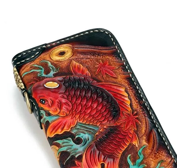 Handmade Leather Carp Mens Zipper Biker Wallet Cool Leather Chain Wallet Long Tooled Wallets for Men