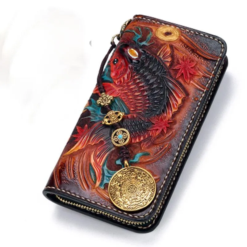 Handmade Leather Carp Mens Zipper Biker Wallet Cool Leather Chain Wallet Long Tooled Wallets for Men