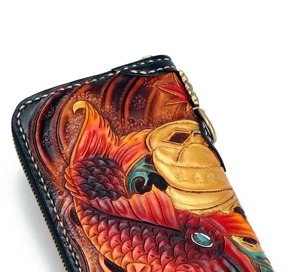 Handmade Leather Carp Mens Zipper Biker Wallet Cool Leather Chain Wallet Long Tooled Wallets for Men
