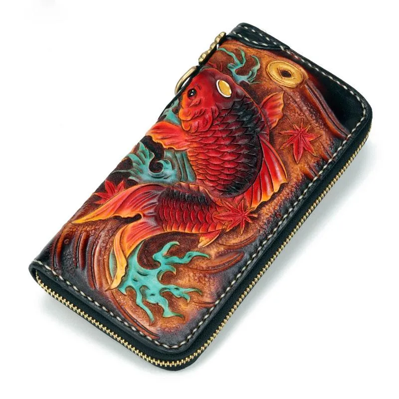 Handmade Leather Carp Mens Zipper Biker Wallet Cool Leather Chain Wallet Long Tooled Wallets for Men