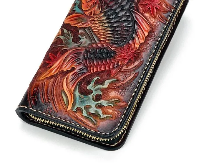 Handmade Leather Carp Mens Zipper Biker Wallet Cool Leather Chain Wallet Long Tooled Wallets for Men