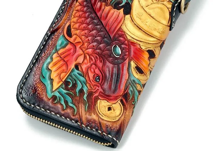 Handmade Leather Carp Mens Zipper Biker Wallet Cool Leather Chain Wallet Long Tooled Wallets for Men