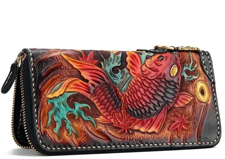 Handmade Leather Carp Mens Zipper Biker Wallet Cool Leather Chain Wallet Long Tooled Wallets for Men