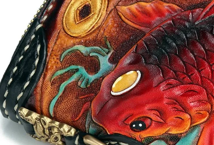 Handmade Leather Carp Mens Zipper Biker Wallet Cool Leather Chain Wallet Long Tooled Wallets for Men