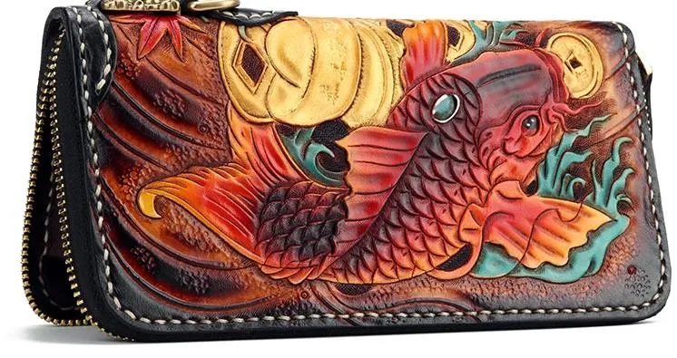 Handmade Leather Carp Mens Zipper Biker Wallet Cool Leather Chain Wallet Long Tooled Wallets for Men