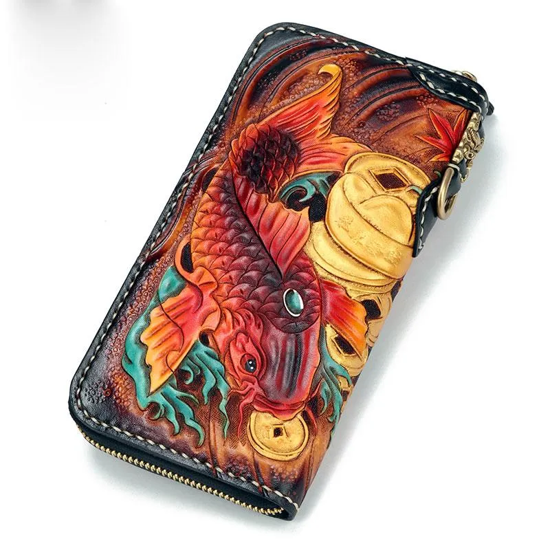 Handmade Leather Carp Mens Zipper Biker Wallet Cool Leather Chain Wallet Long Tooled Wallets for Men