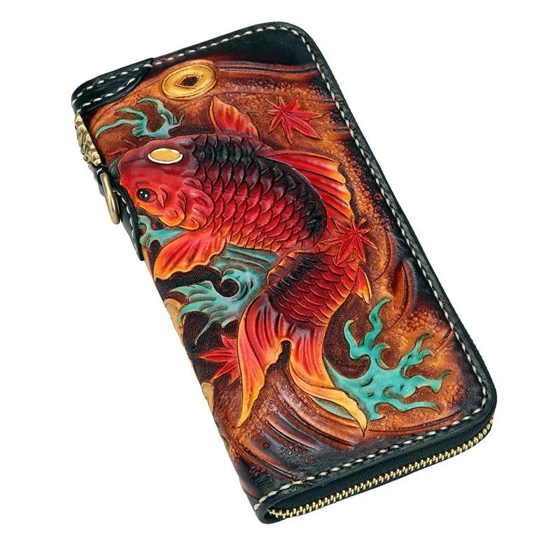 Handmade Leather Carp Mens Zipper Biker Wallet Cool Leather Chain Wallet Long Tooled Wallets for Men