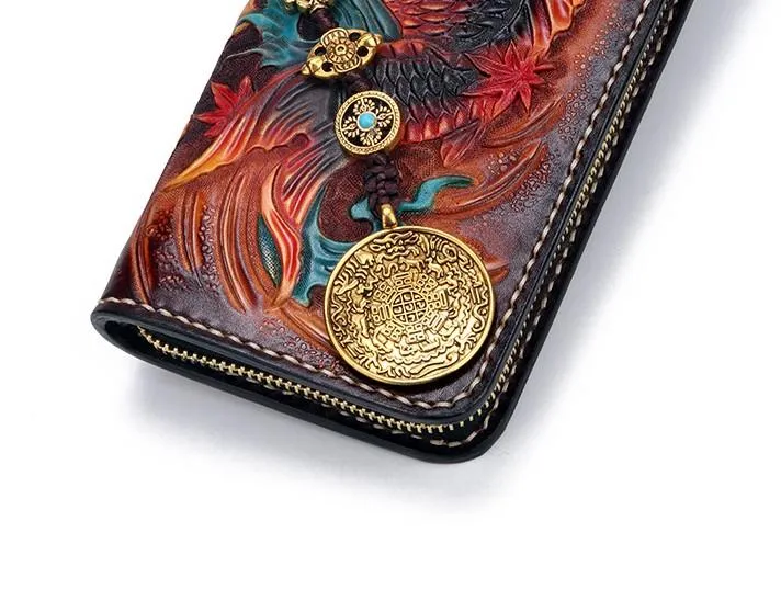Handmade Leather Carp Mens Zipper Biker Wallet Cool Leather Chain Wallet Long Tooled Wallets for Men