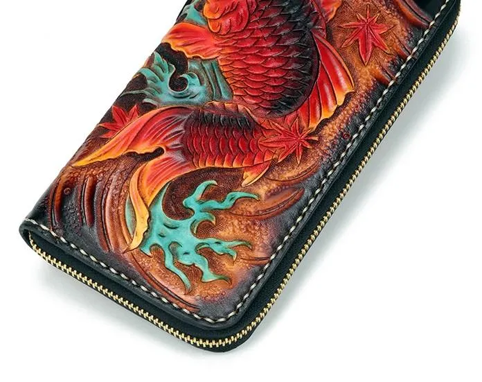 Handmade Leather Carp Mens Zipper Biker Wallet Cool Leather Chain Wallet Long Tooled Wallets for Men