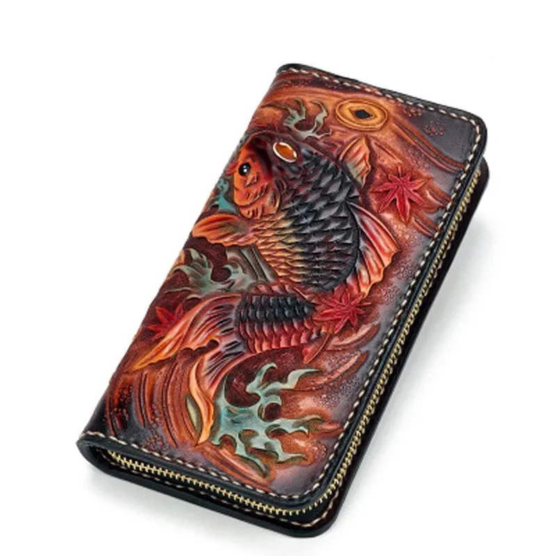 Handmade Leather Carp Mens Zipper Biker Wallet Cool Leather Chain Wallet Long Tooled Wallets for Men