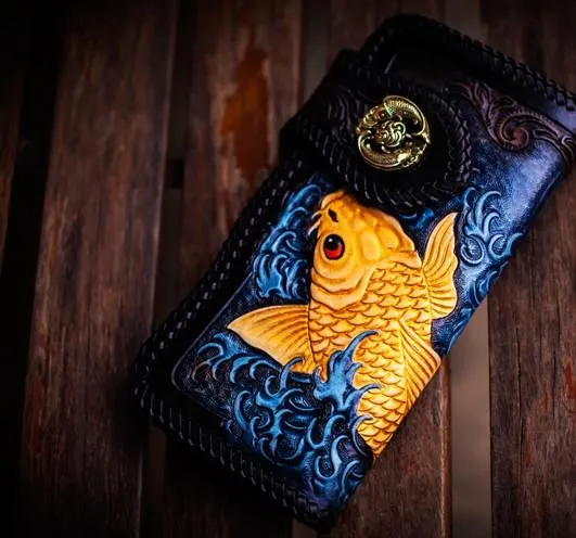 Handmade Leather Carp Tooled Long Mens Chain Biker Wallets Cool Leather Wallet With Chain Wallets for Men