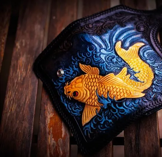 Handmade Leather Carp Tooled Long Mens Chain Biker Wallets Cool Leather Wallet With Chain Wallets for Men