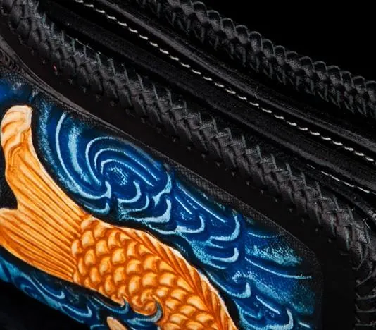 Handmade Leather Carp Tooled Long Mens Chain Biker Wallets Cool Leather Wallet With Chain Wallets for Men