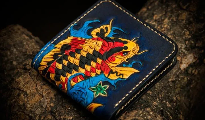 Handmade Leather Carp Tooled Mens Small Wallet Cool Leather Wallet billfold Wallet for Men