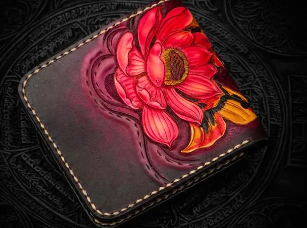 Handmade Leather Carp Tooled Mens Small Wallet Cool Leather Wallet billfold Wallet for Men