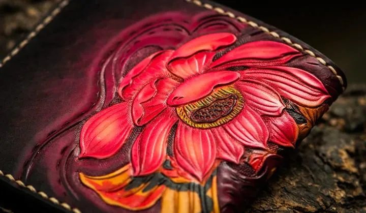 Handmade Leather Carp Tooled Mens Small Wallet Cool Leather Wallet billfold Wallet for Men