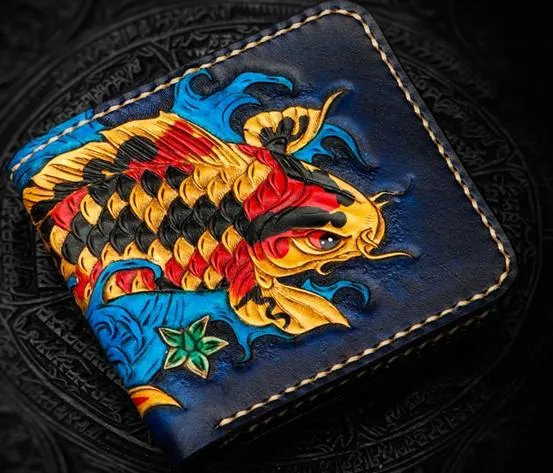 Handmade Leather Carp Tooled Mens Small Wallet Cool Leather Wallet billfold Wallet for Men