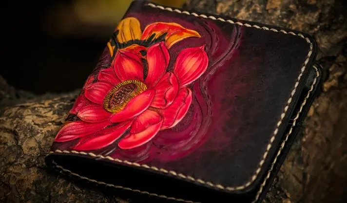 Handmade Leather Carp Tooled Mens Small Wallet Cool Leather Wallet billfold Wallet for Men