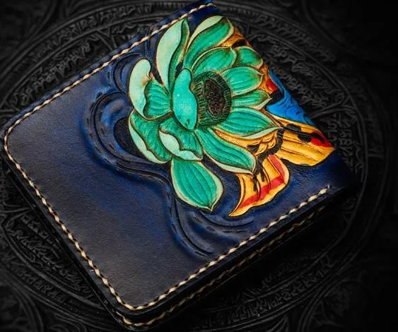 Handmade Leather Carp Tooled Mens Small Wallet Cool Leather Wallet billfold Wallet for Men