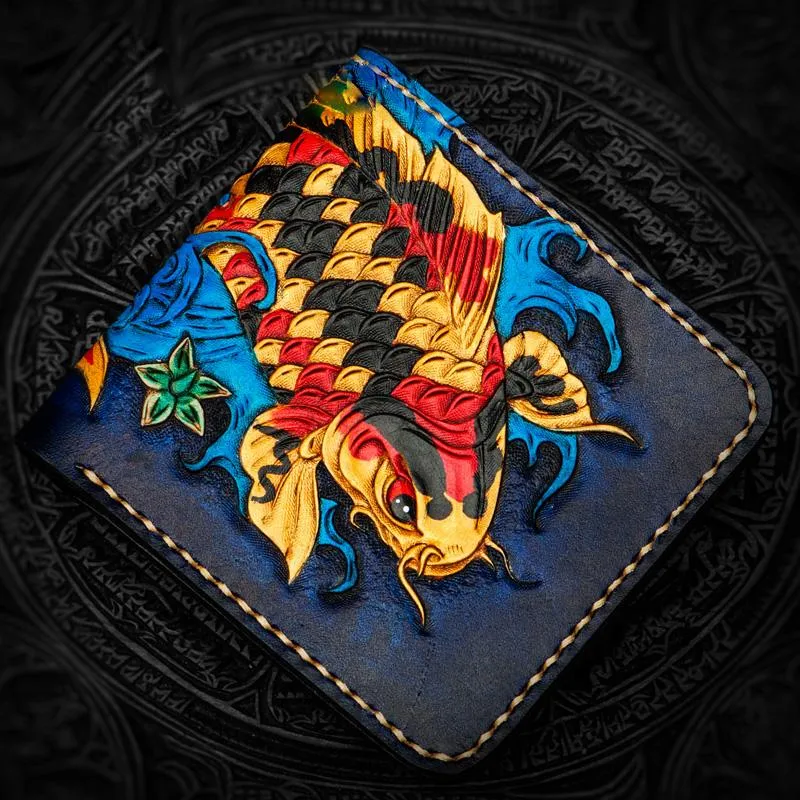 Handmade Leather Carp Tooled Mens Small Wallet Cool Leather Wallet billfold Wallet for Men