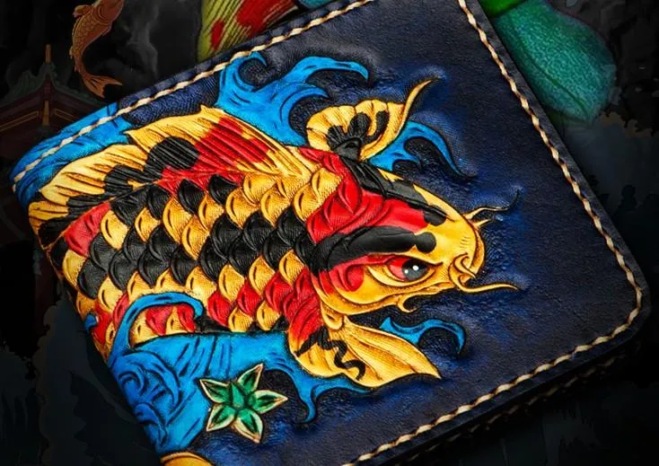 Handmade Leather Carp Tooled Mens Small Wallet Cool Leather Wallet billfold Wallet for Men