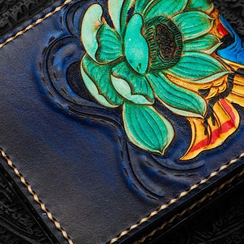 Handmade Leather Carp Tooled Mens Small Wallet Cool Leather Wallet billfold Wallet for Men